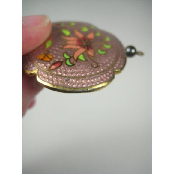 Vintage Lotus Floral Enamel Pendant Necklace 28 inch Goldtone Braided Cord - Picture 8 of 13